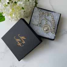 Carica l'immagine nel visualizzatore di Gallery, Antique Silver Albert Watch Chain With Belt Fob, T-Bar & Swivel Clip. Edwardian Sterling Silver Watch Chain. Curb Link Watch Chain Bracelet