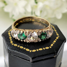 Carica l'immagine nel visualizzatore di Gallery, Vintage 9ct Gold Emerald & White Zircon 5 Stone Ring. Edwardian Revival Antique Style Boat Ring. 1960s Half Hoop Cocktail Ring, O/UK, 7/US