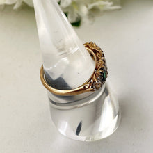 Carica l'immagine nel visualizzatore di Gallery, Vintage 9ct Gold Emerald & White Zircon 5 Stone Ring. Edwardian Revival Antique Style Boat Ring. 1960s Half Hoop Cocktail Ring, O/UK, 7/US