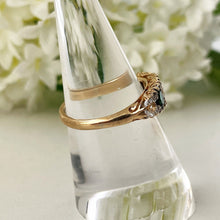 Carica l'immagine nel visualizzatore di Gallery, Vintage 9ct Gold Emerald & White Zircon 5 Stone Ring. Edwardian Revival Antique Style Boat Ring. 1960s Half Hoop Cocktail Ring, O/UK, 7/US