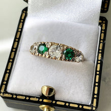Carica l'immagine nel visualizzatore di Gallery, Vintage 9ct Gold Emerald & White Zircon 5 Stone Ring. Edwardian Revival Antique Style Boat Ring. 1960s Half Hoop Cocktail Ring, O/UK, 7/US