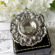Carica l'immagine nel visualizzatore di Gallery, Victorian Scottish Citrine Silver Thistle Brooch. Antique Sterling Silver Cairngorm Gemstone Disc Brooch. Lemon Citrine Plaid/Tartan Brooch