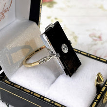 Carica l'immagine nel visualizzatore di Gallery, Antique Art Deco 9ct Gold White Zircon & Onyx Ring. 1920s Rectangular Black Gemstone Cocktail Ring. UK Size M-1/2, US Size 6-1/2