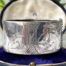 Load image into Gallery viewer, Victorian Aesthetic Engraved Silver Wide Cuff Bracelet, 1882 Hallmarks. Antique Hinged Sterling Silver Bangle, Engraved Swallows &amp; Cranes
