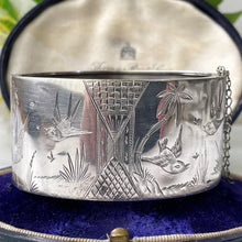 Carica l'immagine nel visualizzatore di Gallery, Victorian Aesthetic Engraved Silver Wide Cuff Bracelet, 1882 Hallmarks. Antique Hinged Sterling Silver Bangle, Engraved Swallows & Cranes
