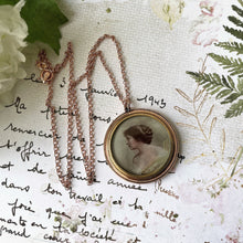 Carica l'immagine nel visualizzatore di Gallery, Edwardian Rolled Gold Picture Pendant Locket. Antique Rose Gold 2 Portrait Locket On Chain. Edwardian Lady & Baby Hand Tinted Photo Pendant
