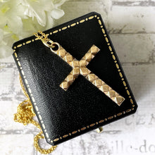 Carica l'immagine nel visualizzatore di Gallery, Antique 9ct Rolled Gold Faceted Cross Pendant. Victorian/Edwardian Diamond Cut Yellow Gold Cross & Anchor Chain