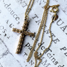 Carica l'immagine nel visualizzatore di Gallery, Antique 9ct Rolled Gold Faceted Cross Pendant. Victorian/Edwardian Diamond Cut Yellow Gold Cross & Anchor Chain