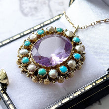 Carica l'immagine nel visualizzatore di Gallery, Georgian 18ct Gold Cannetille Amethyst Pendant. Antique c1820 Oval 7ct Amethyst, Pearl & Turquoise Cluster/Halo Necklace Pendant
