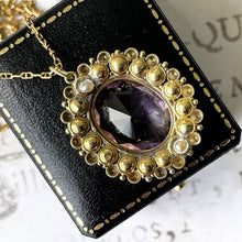 Carica l'immagine nel visualizzatore di Gallery, Georgian 18ct Gold Cannetille Amethyst Pendant. Antique c1820 Oval 7ct Amethyst, Pearl & Turquoise Cluster/Halo Necklace Pendant