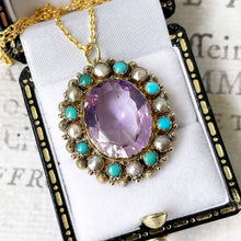 Carica l'immagine nel visualizzatore di Gallery, Georgian 18ct Gold Cannetille Amethyst Pendant. Antique c1820 Oval 7ct Amethyst, Pearl & Turquoise Cluster/Halo Necklace Pendant