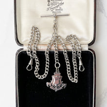 Carica l'immagine nel visualizzatore di Gallery, Antique Victorian Silver Double Albert Chain With Anchor Fob. Sterling Silver Heavy Curb Chain Necklace, 2 Swivel Clips, T-Bar & Pendant.