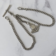 Carica l'immagine nel visualizzatore di Gallery, Antique Victorian Silver Double Albert Chain With Anchor Fob. Sterling Silver Heavy Curb Chain Necklace, 2 Swivel Clips, T-Bar & Pendant.