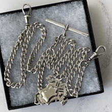 Carica l'immagine nel visualizzatore di Gallery, Antique Victorian Silver Double Albert Chain With Anchor Fob. Sterling Silver Heavy Curb Chain Necklace, 2 Swivel Clips, T-Bar & Pendant.