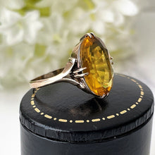 Carica l'immagine nel visualizzatore di Gallery, Antique 9ct Gold Art Deco Paste Citrine Ring. Golden Yellow Oval Faceted Antique Solitaire Paste Ring. 1930s Gold Ring Size M UK/6-1/4 US