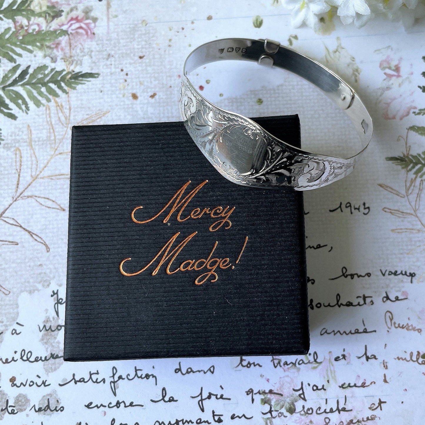 Vintage Art Deco Floral Engraved Sterling Silver Bracelet. English Silver Adjustable Bangle, Chester 1946. Edwardian Revival Bangle Bracelet