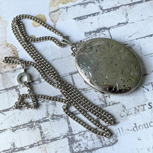 Carica l'immagine nel visualizzatore di Gallery, Vintage Sterling Silver Huge Statement Oval Locket Pendant Necklace, 1976 Hallmarks. Ornate Art Nouveau Style Floral Engraved Locket & Chain