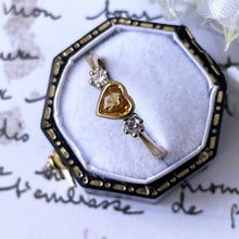 Carica l'immagine nel visualizzatore di Gallery, Vintage 18ct Gold Yellow Heart Cut Sapphire & Diamond Ring. 3-Stone 1.5ct Golden Sapphire Engagement Ring. Trilogy Ring, Size UK/O, US/7-1/4