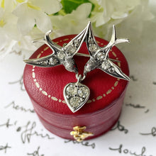 Carica l'immagine nel visualizzatore di Gallery, Antique Silver French Paste Diamond Saint Esprit Brooch. Victorian 2 Doves & Heart Sweetheart Brooch. Alternative Stock, Cravat, Tie Pin