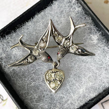 Carica l'immagine nel visualizzatore di Gallery, Antique Silver French Paste Diamond Saint Esprit Brooch. Victorian 2 Doves & Heart Sweetheart Brooch. Alternative Stock, Cravat, Tie Pin