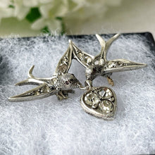 Carica l'immagine nel visualizzatore di Gallery, Antique Silver French Paste Diamond Saint Esprit Brooch. Victorian 2 Doves & Heart Sweetheart Brooch. Alternative Stock, Cravat, Tie Pin