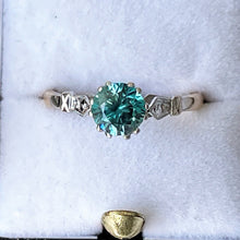 Carica l'immagine nel visualizzatore di Gallery, Antique Art Deco Blue Zircon Platinum & Gold Ring. Antique 0.85 Carat Zircon Solitaire Engagement Ring. 1920s Art Deco Cocktail Ring.