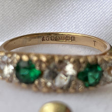 Carica l'immagine nel visualizzatore di Gallery, Vintage 9ct Gold Emerald & White Zircon 5 Stone Ring. Edwardian Revival Antique Style Boat Ring. 1960s Half Hoop Cocktail Ring, O/UK, 7/US