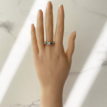 Carica l'immagine nel visualizzatore di Gallery, Vintage 9ct Gold Emerald & White Zircon 5 Stone Ring. Edwardian Revival Antique Style Boat Ring. 1960s Half Hoop Cocktail Ring, O/UK, 7/US