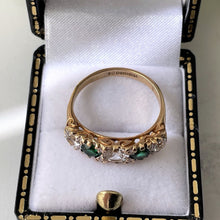 Carica l'immagine nel visualizzatore di Gallery, Vintage 9ct Gold Emerald & White Zircon 5 Stone Ring. Edwardian Revival Antique Style Boat Ring. 1960s Half Hoop Cocktail Ring, O/UK, 7/US
