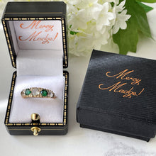 Carica l'immagine nel visualizzatore di Gallery, Vintage 9ct Gold Emerald & White Zircon 5 Stone Ring. Edwardian Revival Antique Style Boat Ring. 1960s Half Hoop Cocktail Ring, O/UK, 7/US