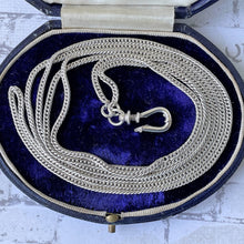Carica l'immagine nel visualizzatore di Gallery, Georgian Sterling Silver Muff Chain With Threaded Screw Swivel Clip. Antique 40" Long Guard Chain Necklace. Antique Silver Sautoir Necklace