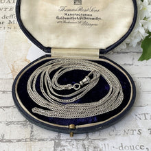 Carica l'immagine nel visualizzatore di Gallery, Victorian Silver 55” Long Guard Chain Necklace With Swivel Clip. Antique Sterling Silver Curb Chain Sautoir Necklace. Victorian Muff Chain