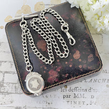 Carica l'immagine nel visualizzatore di Gallery, Antique Silver Pocket Watch Chain With Fob, T-Bar & Dog Clip. Albert Watch Chain. Art Deco Sterling Silver Curb Link Watch Chain Bracelet