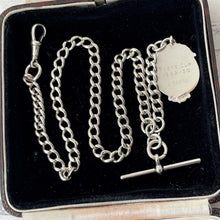 Carica l'immagine nel visualizzatore di Gallery, Antique Silver Pocket Watch Chain With Fob, T-Bar & Dog Clip. Albert Watch Chain. Art Deco Sterling Silver Curb Link Watch Chain Bracelet