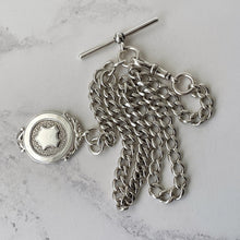 Carica l'immagine nel visualizzatore di Gallery, Antique Silver Pocket Watch Chain With Fob, T-Bar & Dog Clip. Albert Watch Chain. Art Deco Sterling Silver Curb Link Watch Chain Bracelet
