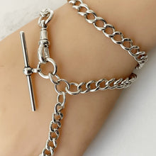 Carica l'immagine nel visualizzatore di Gallery, Antique Silver Pocket Watch Chain With Fob, T-Bar & Dog Clip. Albert Watch Chain. Art Deco Sterling Silver Curb Link Watch Chain Bracelet