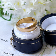 Lade das Bild in den Galerie-Viewer, Antique 18ct Gold Diamond & Sapphire Gypsy Ring, Chester 1905. Edwardian Star Set 3-Stone Trilogy Ring. Antique Yellow Gold Dome Band Ring.