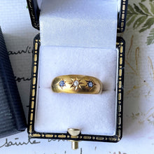 Lade das Bild in den Galerie-Viewer, Antique 18ct Gold Diamond & Sapphire Gypsy Ring, Chester 1905. Edwardian Star Set 3-Stone Trilogy Ring. Antique Yellow Gold Dome Band Ring.