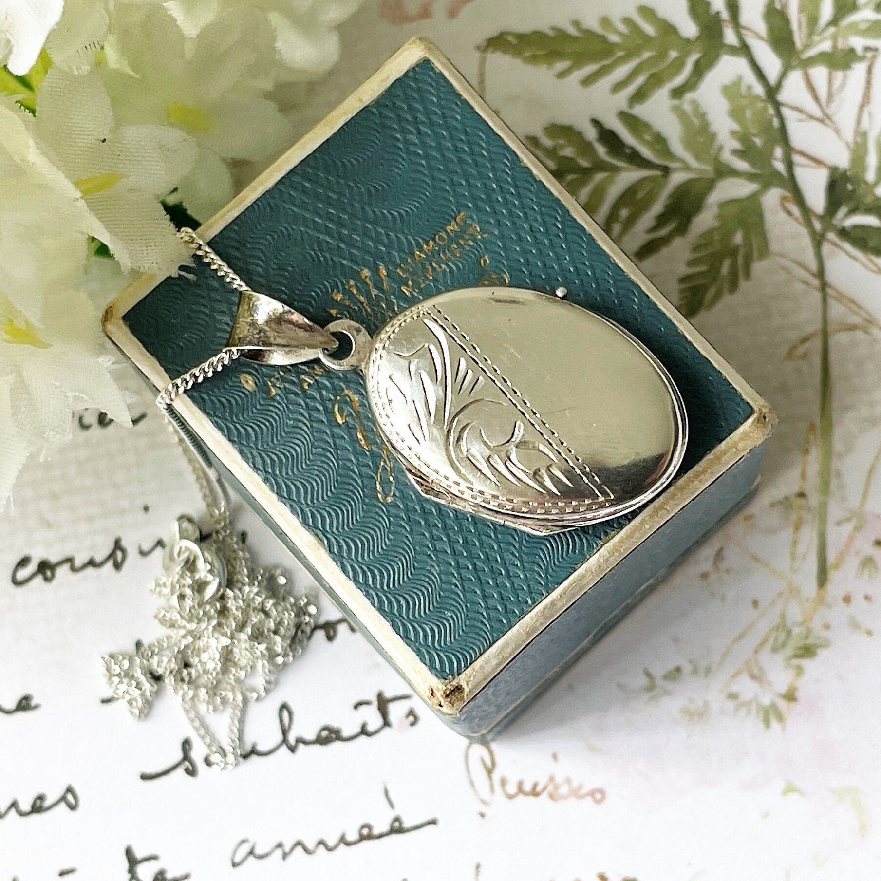 Tiny Antique Locket Necklace Vintage English Sterling Silver Oval