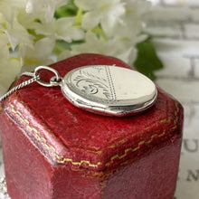 Cargar imagen en el visor de la galería, Vintage English Engraved Silver Locket Pendant & Chain. Small Oval Floral Engraved Locket Necklace. Antique Style Petite Photo Locket