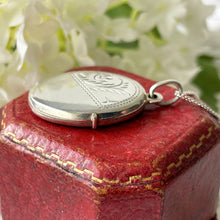 Cargar imagen en el visor de la galería, Vintage English Engraved Silver Locket Pendant & Chain. Small Oval Floral Engraved Locket Necklace. Antique Style Petite Photo Locket
