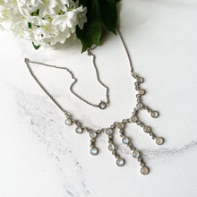 Carica l'immagine nel visualizzatore di Gallery, Vintage Silver Moonstone Necklace. Antique Edwardian Style 4.50ct Moonstone Fringe Necklace. Sterling Silver Moonstone Drop Festoon Necklace