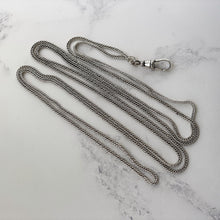 Carica l'immagine nel visualizzatore di Gallery, Victorian Silver 55” Long Guard Chain Necklace With Swivel Clip. Antique Sterling Silver Curb Chain Sautoir Necklace. Victorian Muff Chain