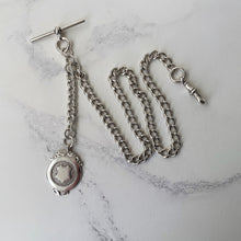 Carica l'immagine nel visualizzatore di Gallery, Antique Silver Pocket Watch Chain With Fob, T-Bar & Dog Clip. Albert Watch Chain. Art Deco Sterling Silver Curb Link Watch Chain Bracelet