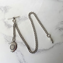 Carica l'immagine nel visualizzatore di Gallery, Antique Silver Pocket Watch Chain With Fob, T-Bar & Dog Clip. Albert Watch Chain. Art Deco Sterling Silver Curb Link Watch Chain Bracelet