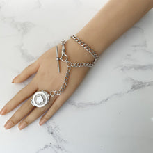 Carica l'immagine nel visualizzatore di Gallery, Antique Silver Pocket Watch Chain With Fob, T-Bar & Dog Clip. Albert Watch Chain. Art Deco Sterling Silver Curb Link Watch Chain Bracelet