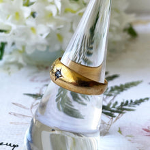 Lade das Bild in den Galerie-Viewer, Antique 18ct Gold Diamond & Sapphire Gypsy Ring, Chester 1905. Edwardian Star Set 3-Stone Trilogy Ring. Antique Yellow Gold Dome Band Ring.