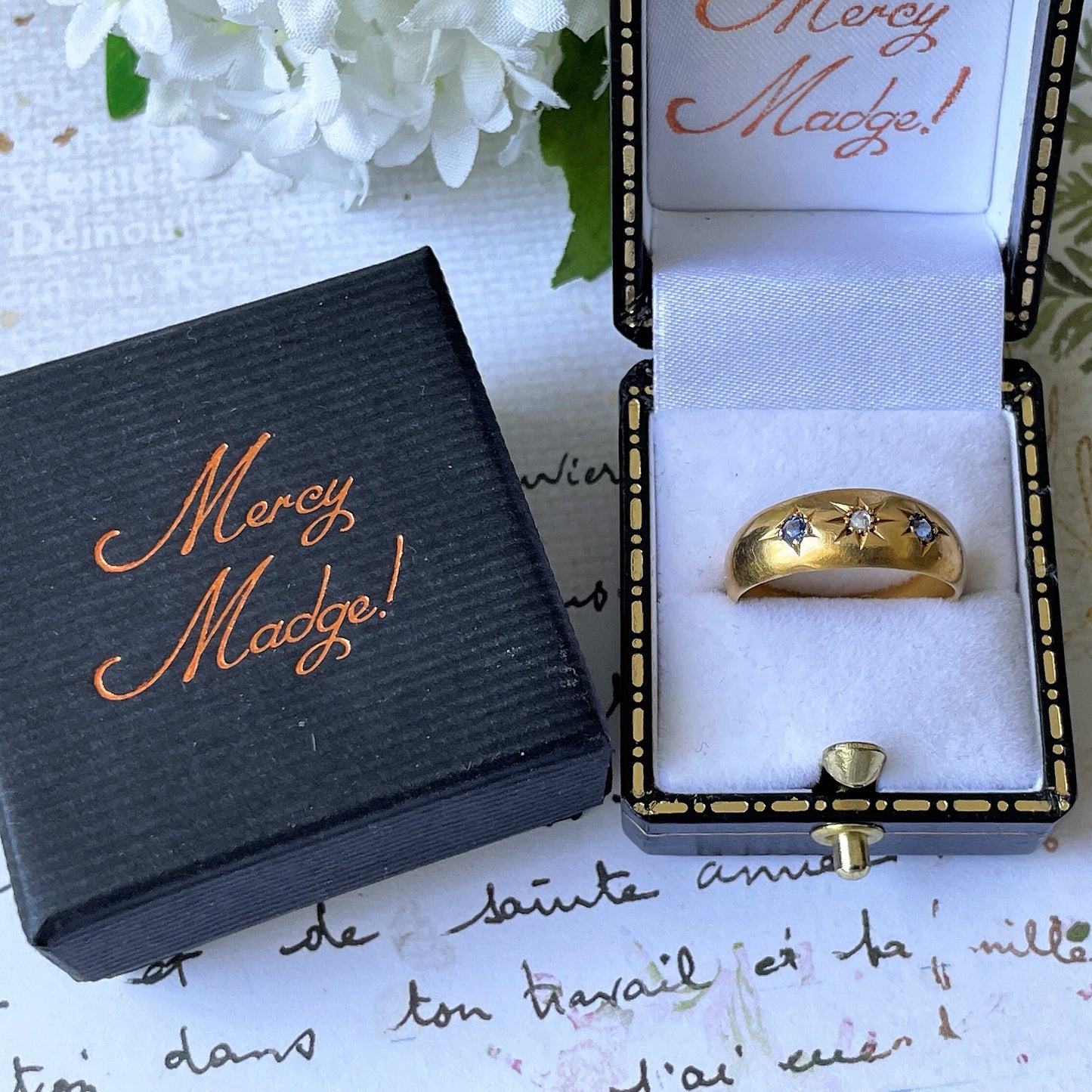 Antique 18ct Gold Diamond & Sapphire Gypsy Ring, Chester 1905. Edwardian Star Set 3-Stone Trilogy Ring. Antique Yellow Gold Dome Band Ring.