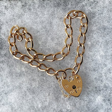Cargar imagen en el visor de la galería, Vintage English 9ct Gold Curb Link Bracelet With Heart Padlock Clasp