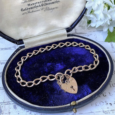 Vintage English 9ct Gold Curb Link Bracelet With Heart Padlock Clasp